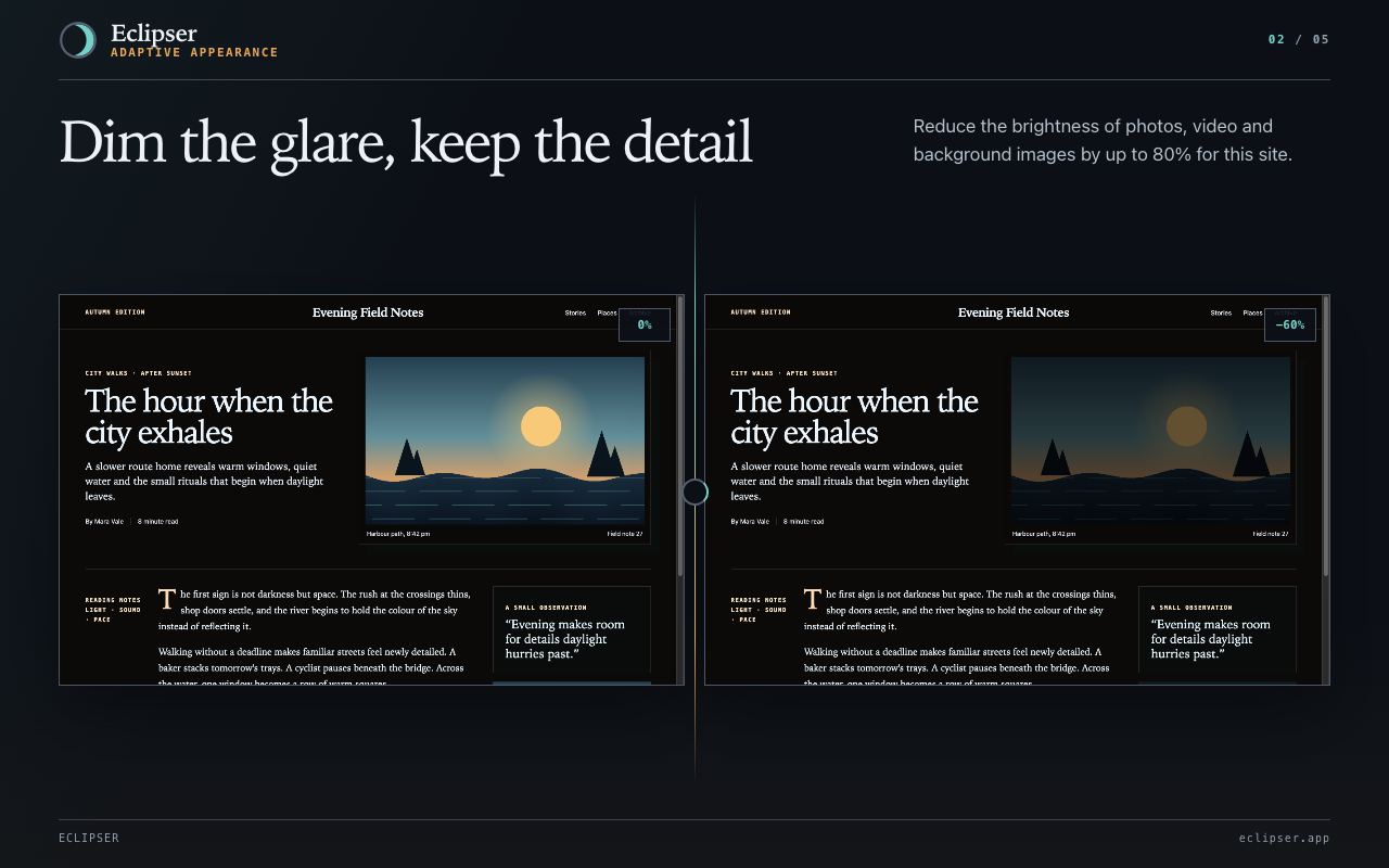Dim the glare, keep the detail Reduce the brightness of photos, video and background images by up to 80% for this site.