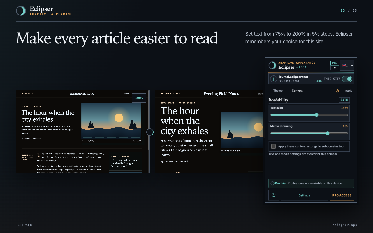 Make every article easier to read Set text from 75% to 200% in 5% steps. Eclipser remembers your choice for this site.
