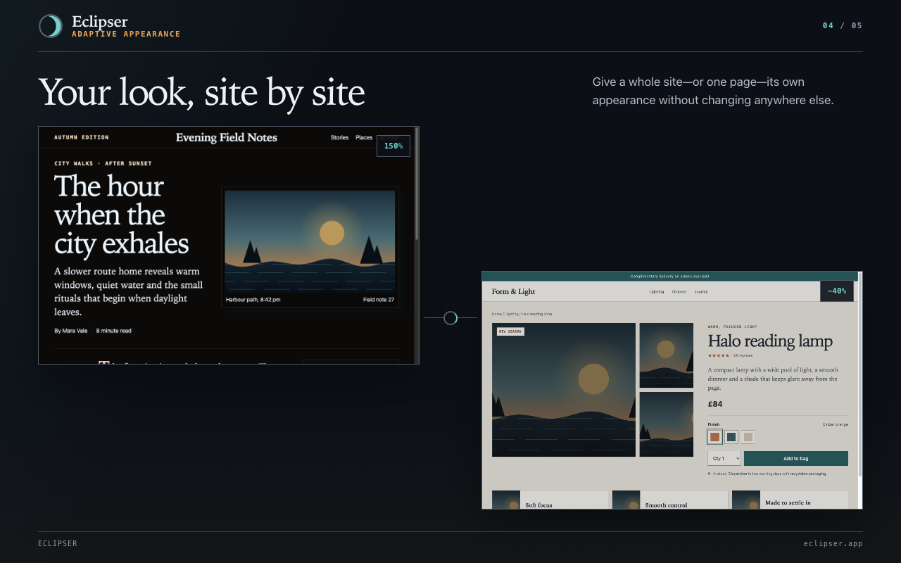 Your look, site by site Give a whole site—or one page—its own appearance without changing anywhere else.