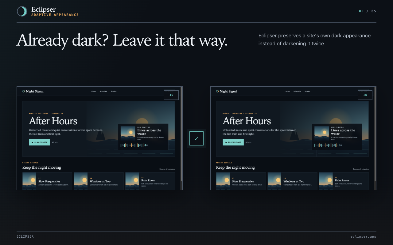 Already dark? Leave it that way. Eclipser preserves a site's own dark appearance instead of darkening it twice.