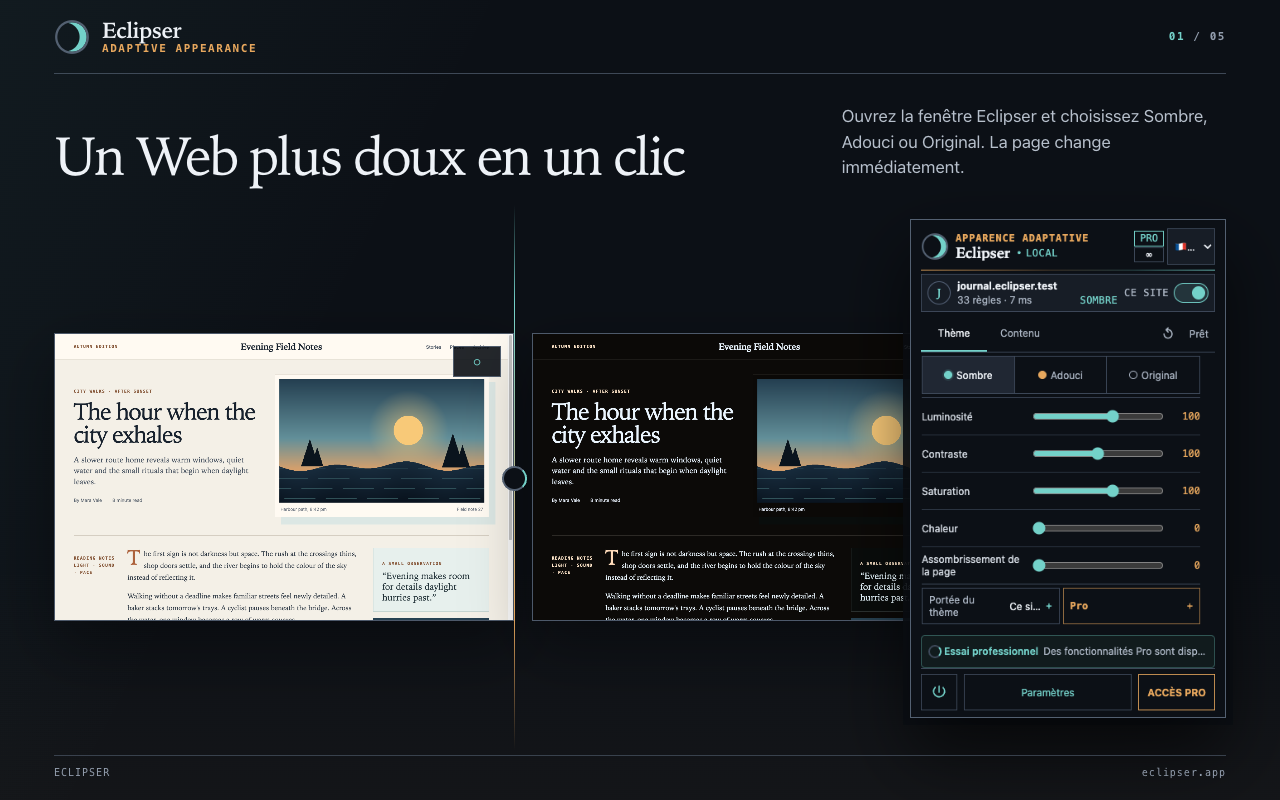 Un Web plus doux en un clic Ouvrez la fenêtre Eclipser et choisissez Sombre, Adouci ou Original. La page change immédiatement.