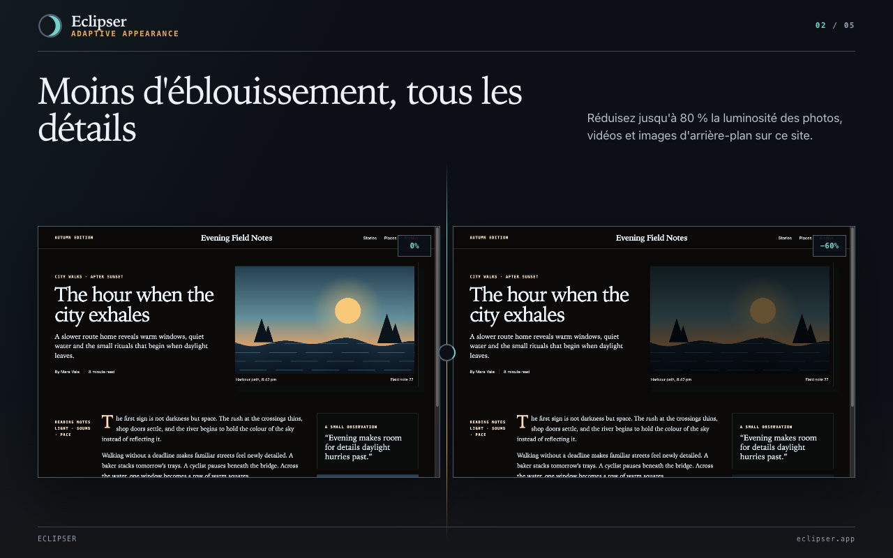 Moins d'éblouissement, tous les détails Réduisez jusqu'à 80 % la luminosité des photos, vidéos et images d'arrière-plan sur ce site.