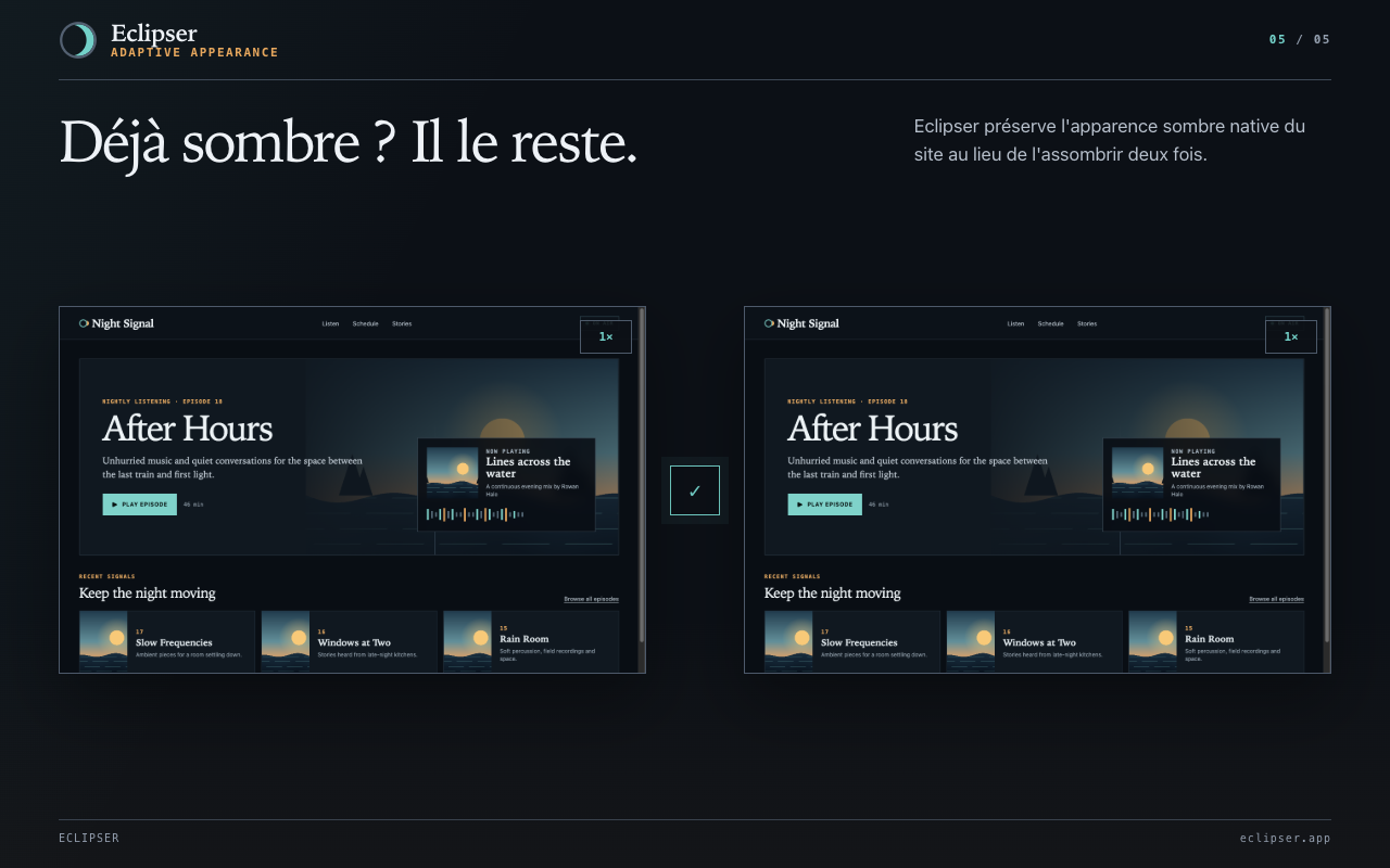 Déjà sombre ? Il le reste. Eclipser préserve l'apparence sombre native du site au lieu de l'assombrir deux fois.