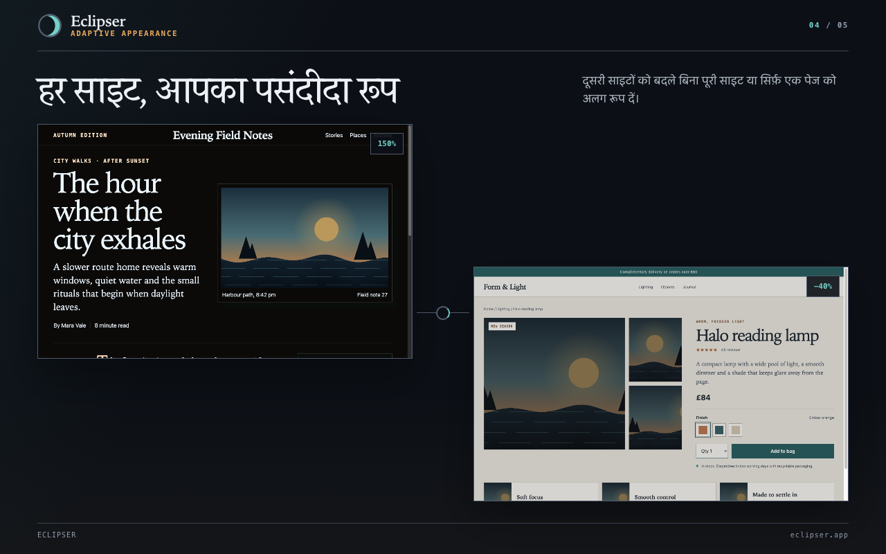 हर साइट, आपका पसंदीदा रूप दूसरी साइटों को बदले बिना पूरी साइट या सिर्फ़ एक पेज को अलग रूप दें।