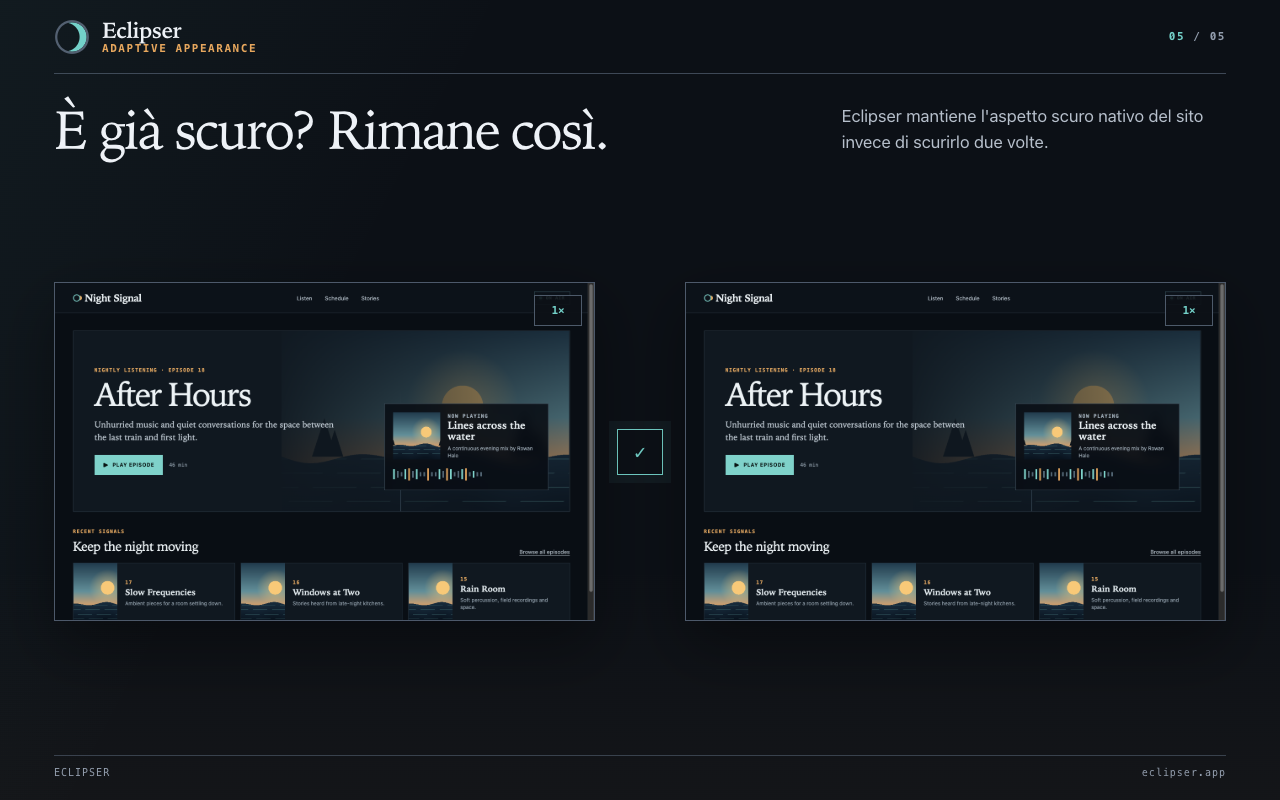 È già scuro? Rimane così. Eclipser mantiene l'aspetto scuro nativo del sito invece di scurirlo due volte.