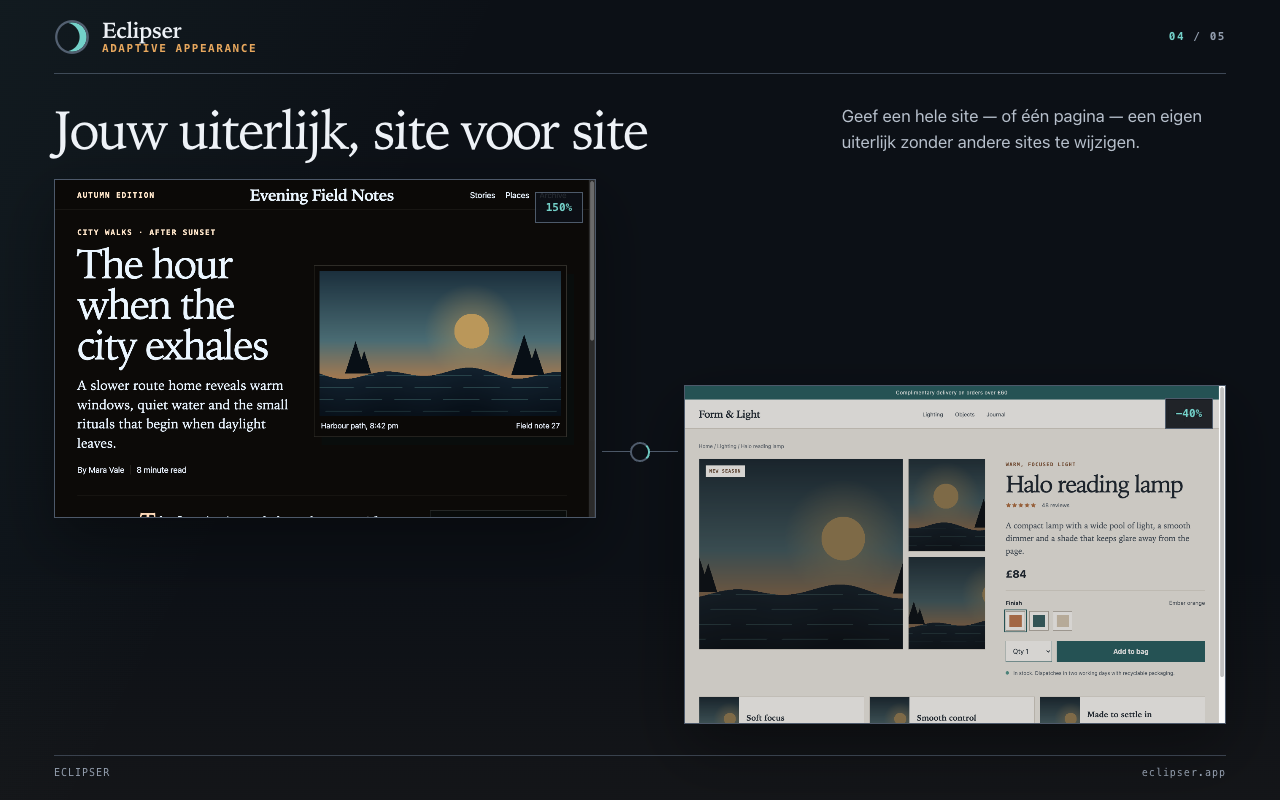 Jouw uiterlijk, site voor site Geef een hele site — of één pagina — een eigen uiterlijk zonder andere sites te wijzigen.