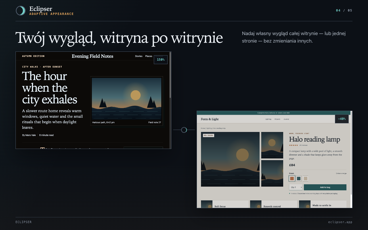 Twój wygląd, witryna po witrynie Nadaj własny wygląd całej witrynie — lub jednej stronie — bez zmieniania innych.