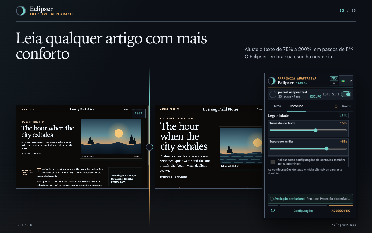 Leia qualquer artigo com mais conforto Ajuste o texto de 75% a 200%, em passos de 5%. O Eclipser lembra sua escolha neste site.