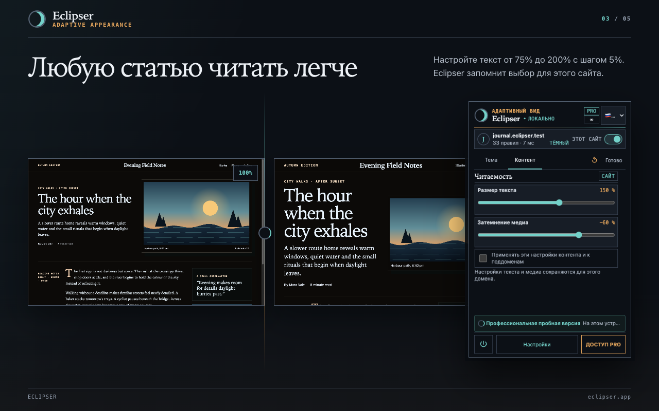Любую статью читать легче Настройте текст от 75% до 200% с шагом 5%. Eclipser запомнит выбор для этого сайта.