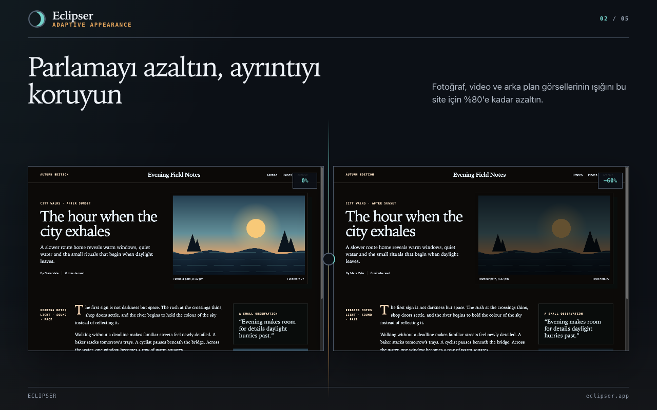 Parlamayı azaltın, ayrıntıyı koruyun Fotoğraf, video ve arka plan görsellerinin ışığını bu site için %80'e kadar azaltın.